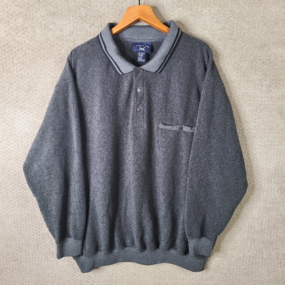 Vintage Harbor Bay Sweater Shirt Mens 3X Gray Ribbed Long Sleeve Polo Pullover